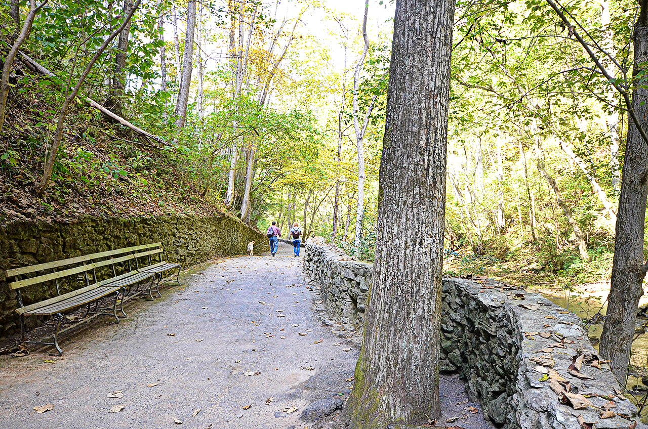 Dos personas caminan por un sendero de piedra entre árboles, junto a un banco de madera, en un parque