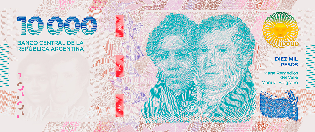 Billete argentino de 10.000 pesos con los retratos de María Remedios del Valle y Manuel Belgrano y la leyenda Banco Central de la República Argentina