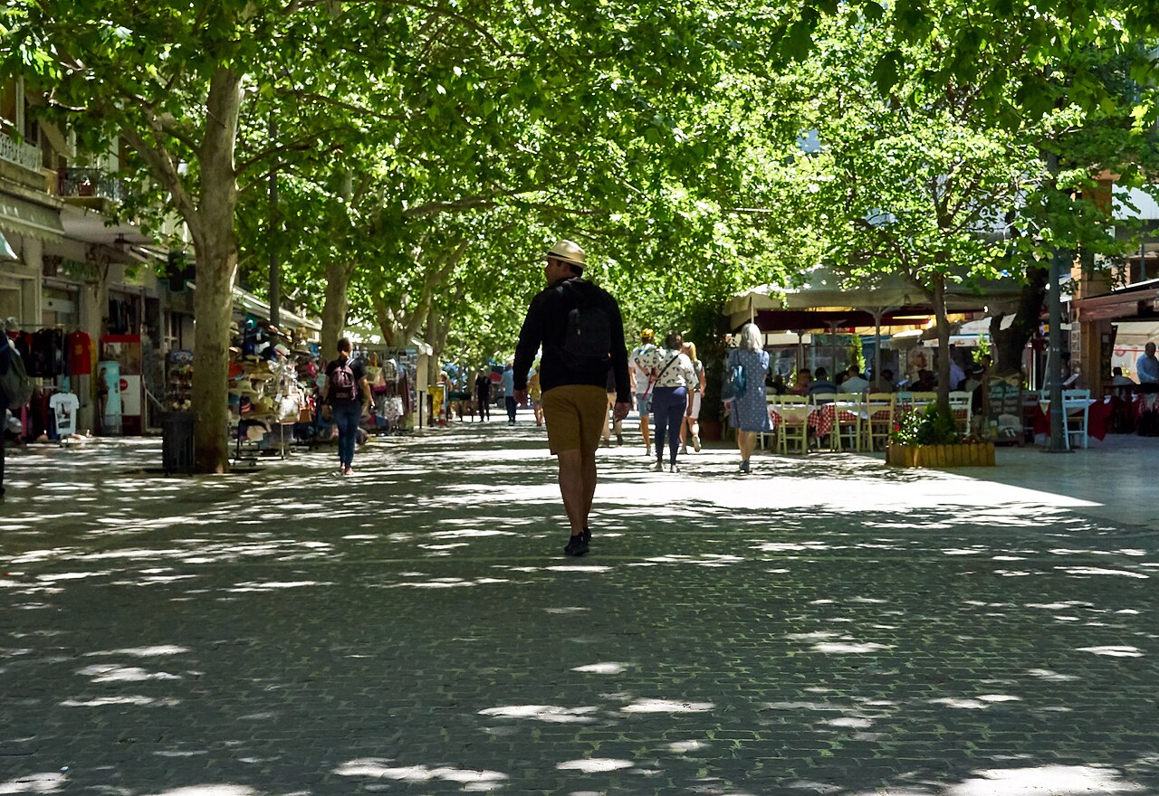 Una persona camina de espaldas por una calle peatonal arbolada, con puestos y mesas de cafetería a los lados