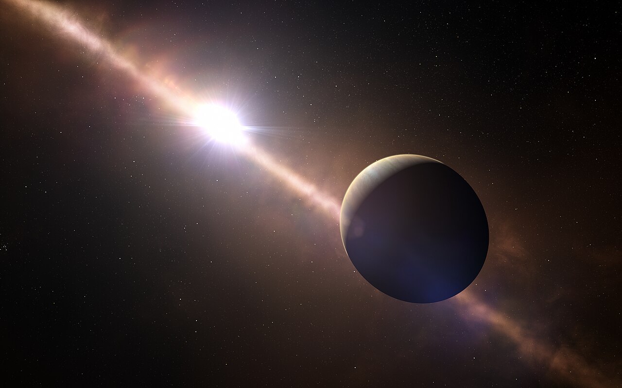 Ilustración artística del planeta Beta Pictoris b junto a su estrella y el disco de polvo que la rodea